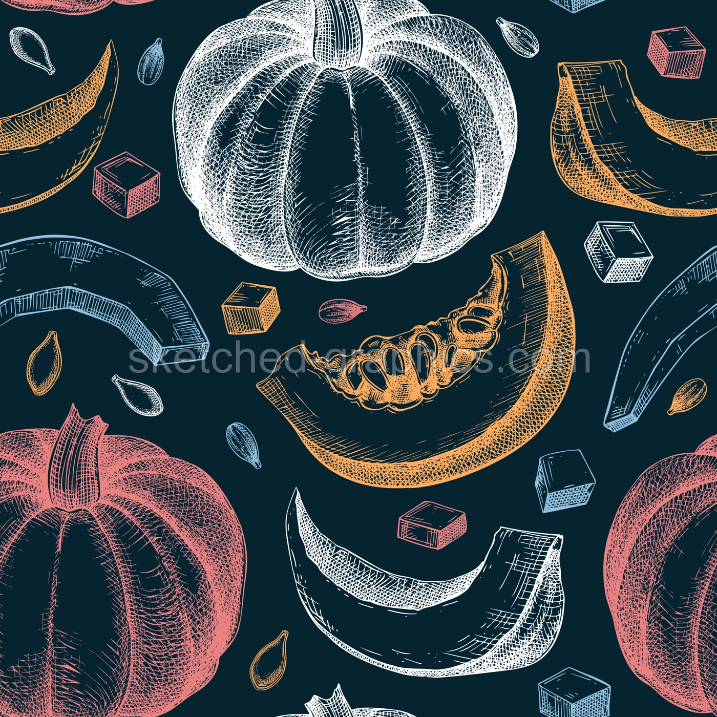 Pumpkin background. Autumn vegetables hand-drawn vector illustrations. Vintage Thanksgiving seamless pattern. NOT AI generated Illustration